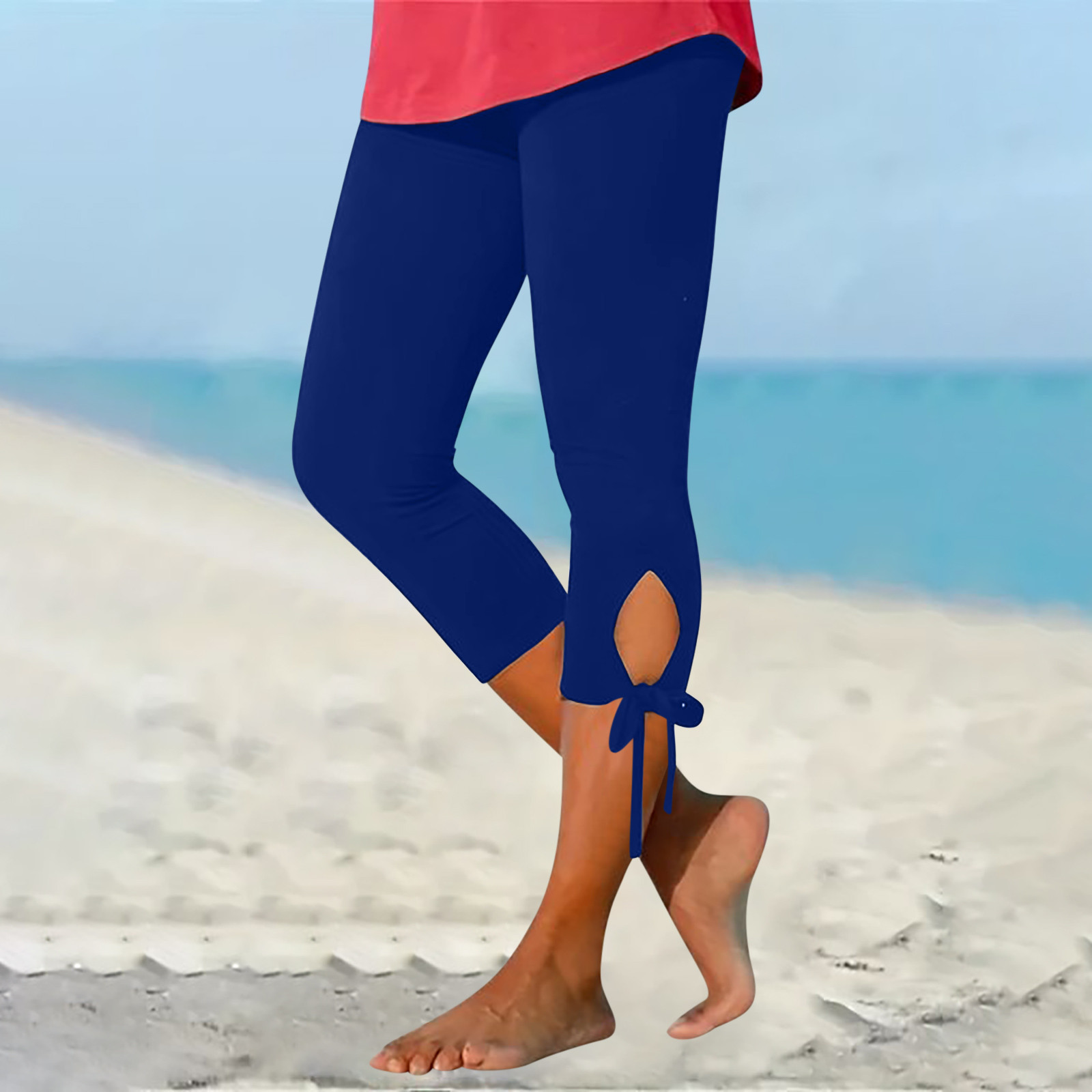 thumbnail image 2 of Leggings cortos de cintura alta con aberturas para mujer - Tejido elástico, pantalones informales para hacer ejercicio y para la playa, 2 of 6